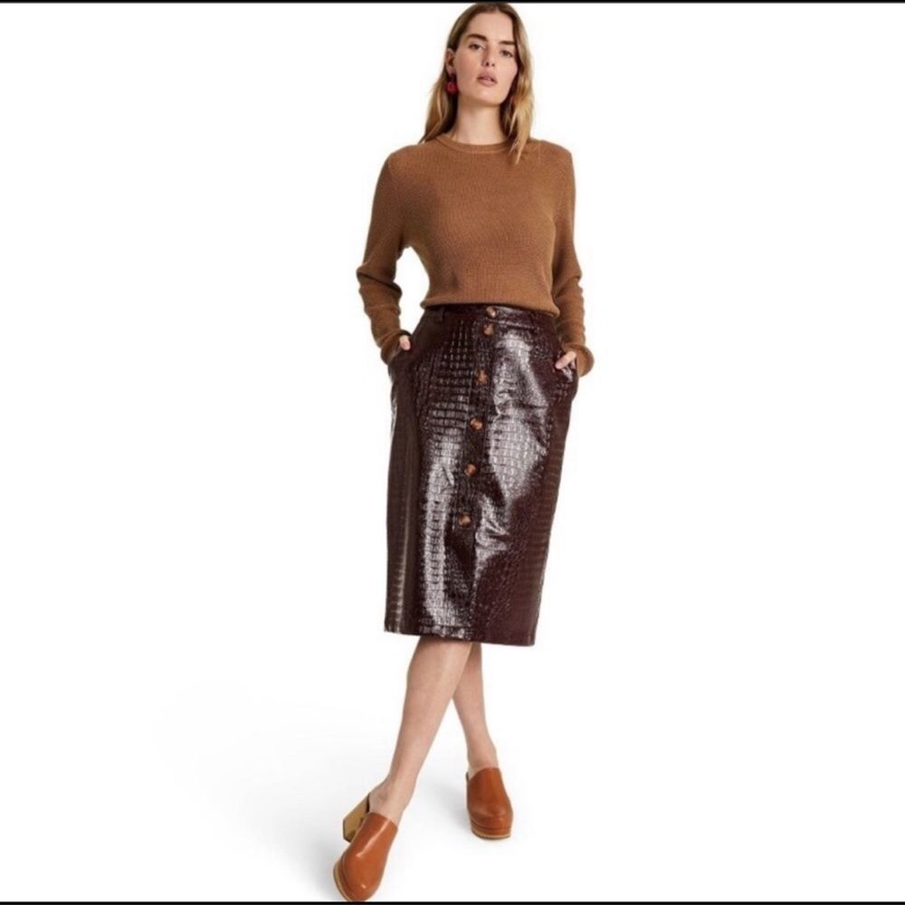 Brown Croc-Embossed Midi Skirt